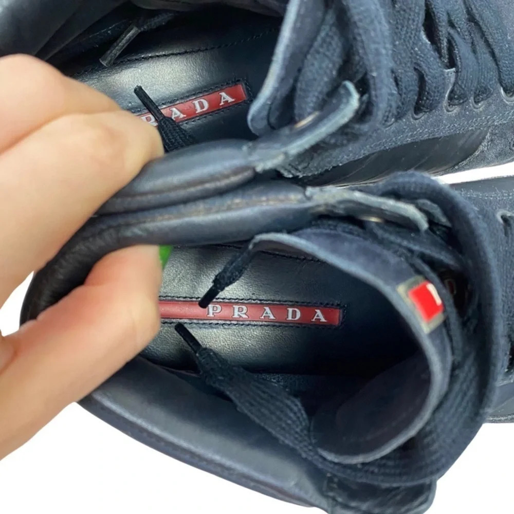 Prada Hightop Sneakers Mens Size 6 Womens 8 Unisex Retro Navy Blue Suede Shoes - Picture 11 of 16